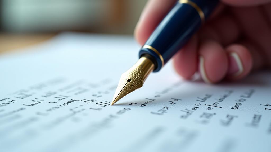 Close up of a legal professional reviewing a complex document with a fountain pen
